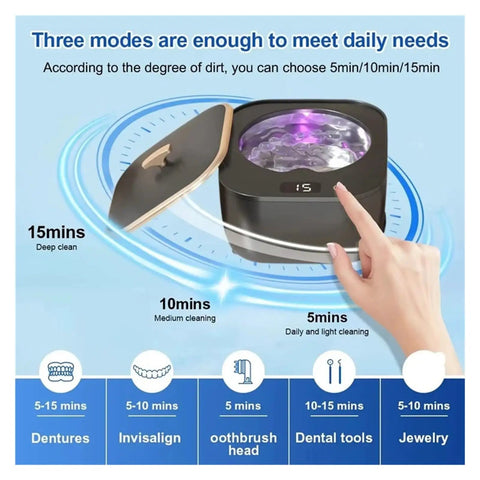 Slick White Ultrasonic Denture Washing Pod For Clear Retainers And Dainty Jewelry Fast Vibration Cycle with timer display.