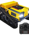 Tracked Remote Control Lawn Mower With 9.5HP Gasoline Engine, 4 Stroke Power, LED Headlights visible, controller shown