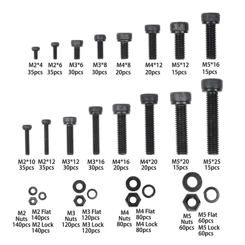 Heavy Duty Metric Bolts And Nuts Set With Flat And Lock Washers M2 To M5, 12.9 Grade Alloy Steel, Built To Last, Precise Threads Under 0.01mm Tolerance For Quick, No Fuss Assembly., M2-M5 bolts, nuts, flat and lock washers set