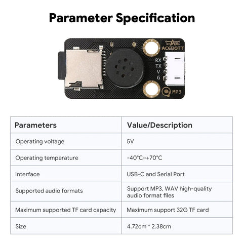 MP3 Decoder Music Player Module For Arduino And ESP32 Tiny 47mm By 24mm Board With Built In Audio Amplifier And USB Power Supports Up To 32GB TF Cards And USB Drives Easy Plug Voice Broadcast For DIY Projects And Voice Prompts, black PCB