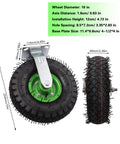 10 Inch Pneumatic Caster Wheels 4 Pack Rubber Air Tires Galvanized Brackets Heavy Duty Industrial Lawn Garden Cart Replacement showing dimensions and details.