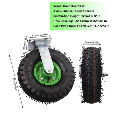 10 Inch Pneumatic Caster Wheels 4 Pack Rubber Air Tires Galvanized Brackets Heavy Duty Industrial Lawn Garden Cart Replacement showing dimensions and details.