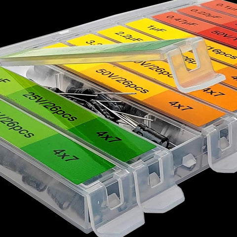 Dope Capacitor Kit For DIYers And Makers 304 Piece Electrolytic Capacitor Assortment With tray showing 20 values labels.