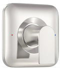 Brushed Nickel Shower Valve Trim Kit With Lever Handle And Temperature Indicator, Brass Escutcheon, No Fuss Install, Modern Bath Upgrade, Compatible With Moen 2510 Valve And Other 2510 Series Valves For A Fresh Look And Smooth Temperature Control. Front view of square brushed nickel trim kit with color indicators on lever handle.