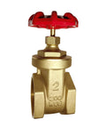 Front view of a 2-inch brass gate valve with red handwheel and female NPT threaded ends.