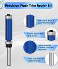 Precision flush trim router bit featuring YG6 carbide blade, alloy steel shank, and top bottom bearings for woodworking. No Hassle 4 Piece Flush Trim Router Bit Set With 1/4 Inch Shank And Top Bottom Bearings Rocks Solid Carbide Tips For Effortless Woodworking Trimming And Guarantees A Slick Professional Grade Finish Every Single Time.