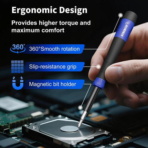Person using Compact 64 Piece Precision Screwdriver Set with Torx Triwing Pentalobe Bits for electronics repair on circuit board.