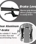 Brake lever and rear V-brake detail of 16 Inch Kids Bike For Ages 4 And Up, BMX Style Youth Bicycle With Training Wheels, Steel Frame