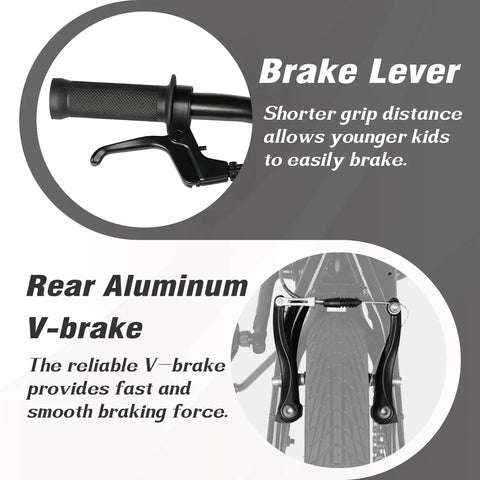 Brake lever and rear V-brake detail of 16 Inch Kids Bike For Ages 4 And Up, BMX Style Youth Bicycle With Training Wheels, Steel Frame