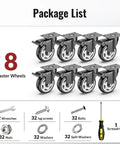 Beefy 4 Inch Heavy Duty Caster Wheels Set Of Eight With Rock Solid Swivel Locking Foot Pedals, includes nuts, bolts, screws.
