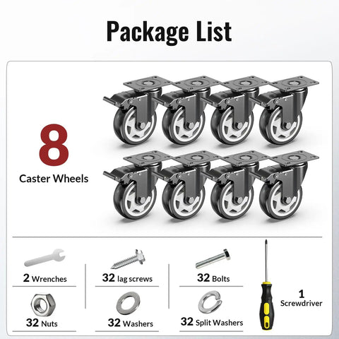 Beefy 4 Inch Heavy Duty Caster Wheels Set Of Eight With Rock Solid Swivel Locking Foot Pedals, includes nuts, bolts, screws.