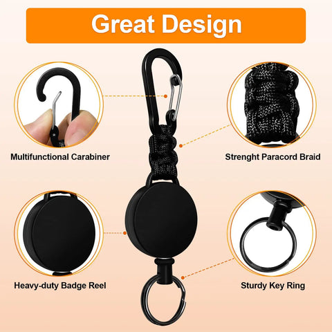 Close-up of Three Pack Retractable Keychain With Heavy Duty Carabiners And Badge Holders, featuring black design components.