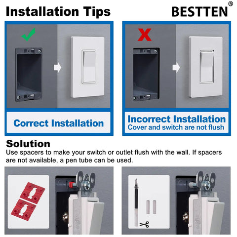 20 Pack Single Pole Decorator Light Switches With Screwless Wall Plates UL Listed 15A 120 To 277V Easy Install Quick Push In Or Side Wiring Gloss Finish Wall Plates Included For 12 AWG Terminal Screws And 14 AWG Solid installed flush with spacers