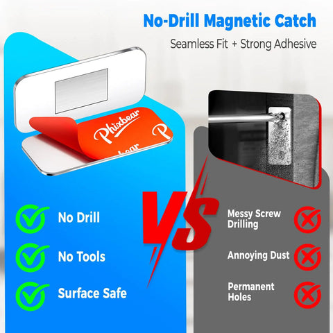 Comparison of Heavy Duty Magnetic Door Catch Set for Sliding Doors showing no-drill adhesive vs screw drilling side-by-side