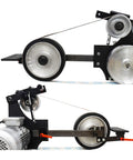 Heavy Duty 71 Inch Desktop Belt Sander Workhorse Featuring A Rock Solid 2200W Motor With Stepless Speed Control And Three Swappable Grinding Wheels For Killer Woodworking Projects - Detail of pulley and motor system.