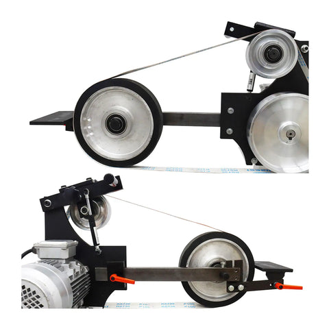 Heavy Duty 71 Inch Desktop Belt Sander Workhorse Featuring A Rock Solid 2200W Motor With Stepless Speed Control And Three Swappable Grinding Wheels For Killer Woodworking Projects - Detail of pulley and motor system.