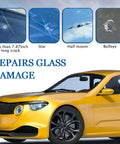 Two Bottle Nano Glass Crack Repair Kit With Quick Repair Liquid for chips and cracks shown with repair examples on windshield.