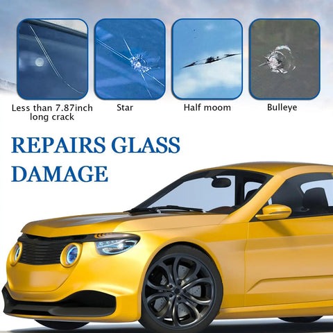 Two Bottle Nano Glass Crack Repair Kit With Quick Repair Liquid for chips and cracks shown with repair examples on windshield.