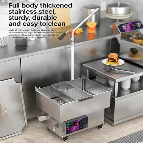 Built Tough Commercial Fryer Oil Filter Machine With Five Layer Stainless Steel Cartridge And Quick Automatic Return Flow For Real Restaurant Hustle Straight Up 10 Gallon Size in a kitchen setting.