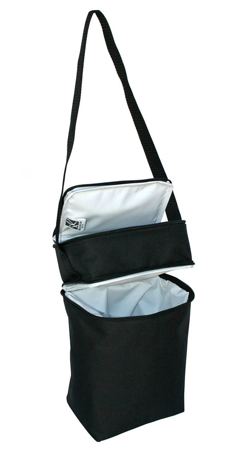 Insulated Baby Bottle Bag And Breastmilk Cooler Keeps Six Milk Bottles Chilled With Ice Pack Portable Two Compartment Leak Proof Feeding Sling For Parents On The Go in black with two compartments.