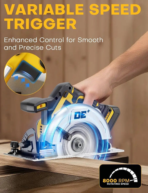 Top Tier 6 1 2 Inch Cordless Circular Saw With Brushless Motor And 8000 Rpm features variable speed trigger for precise cuts.