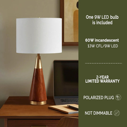 Mid Century Modern Table Lamp With Pecan Wood Base And Gold Metal Accents, White Drum Shade, 26 Inch Tall, Gold Brown Finish