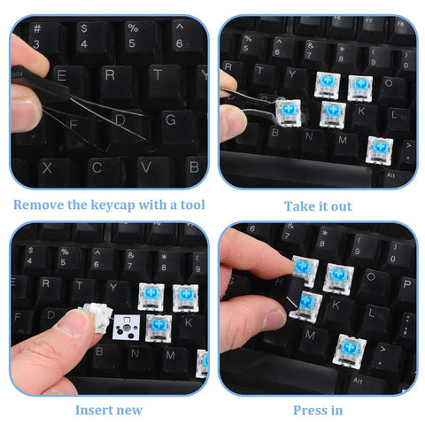 Blue 3 Pin Clicky Mechanical Keyboard Switches Set, 50 Pcs With Switch Puller, Waterproof, Easy Replacement for Gaming Keyboards, Durable Acrylic Zinc Alloy and Precision Steel Build for Smooth Tactile Feedback, switch replacement steps on keyboard