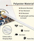 Beachy Coastal Door Cover Banner 36x72 Inches details showing fade-resistant polyester material with metal grommet.