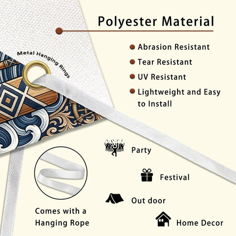 Beachy Coastal Door Cover Banner 36x72 Inches details showing fade-resistant polyester material with metal grommet.