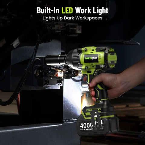 Heavy Duty Cordless One Half Inch Drive Impact Wrench with Brushless Motor 1600 Nm used in dark workspace with LED light