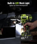 Heavy Duty 1/2 Inch Cordless Brushless Impact Wrench Packing Beast Mode 1032 Ft Lbs Of Breakaway Torque being used with LED light.