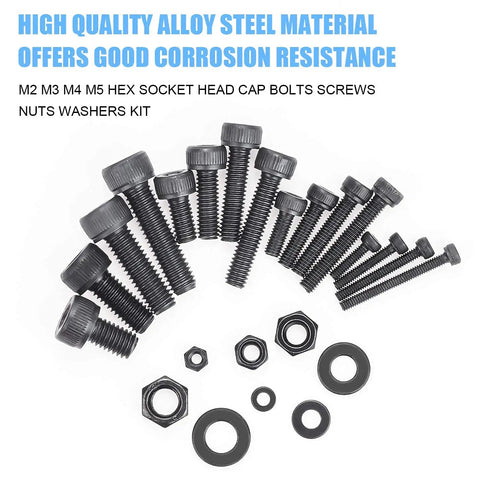 1220 Piece M2 M3 M4 M5 Hex Socket Head Cap Bolts Set With Nuts Washers Screws And Hex Wrenches In Twelve Point Nine Grade Alloy Steel Heavy Duty Kit For Home And Shop Use displayed on white background