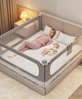King Size Toddler Bed Rails 3-Piece Set with corner cushions, heavy-duty U-shaped base, and anti-slip feet around a bed