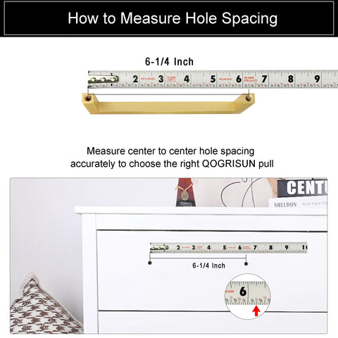 Measurement guide for 5 Pack Solid Brass Cabinet Pulls With Six And A Quarter Inch Hole Centers In Brushed Matte Gold