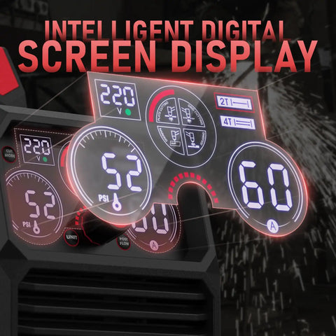 Four-In-One Plasma Cutter 60Amp Dual Voltage 110V 220V digital screen display with settings for metalworking