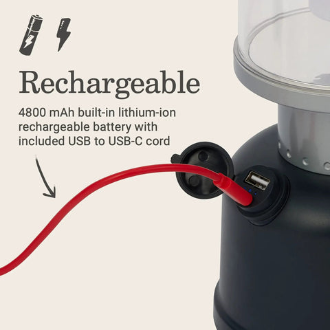 Beast Bright 800 Lumen LED Lantern With USB Charging Ports showing 4800mAh battery with red USB-C cord connection