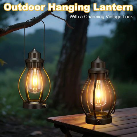 Two Pack Battery Powered LED Lanterns With Dimmerable Warm White Edison Bulbs Vintage Oil Lantern Look Waterproof Hanging Table Lamps