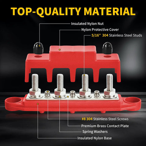 250 Amp 12 Volt Heavy Duty Power Distribution Block Bus Bar With Four M8 Studs And Three Screw Terminals Waterproof Cover Pack Of 2 For Automotive Marine Car Audio RV Truck Boat red nylon base, 304 stainless steel studs
