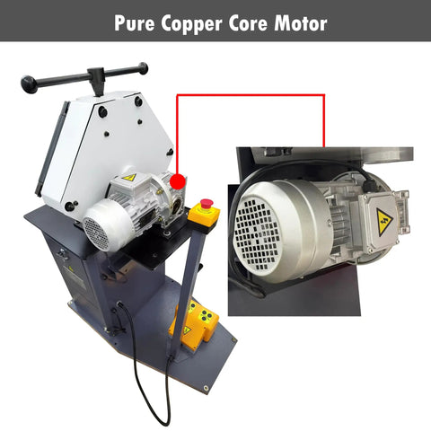 Heavy Duty Electric Pipe Bender Machine delivering knockout tube curves with a close-up of the pure copper core motor details.