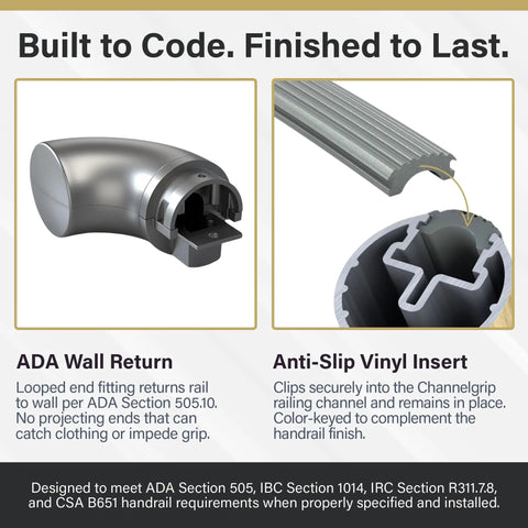 Close-up of ADA wall return and anti-slip vinyl insert for Oak Wood Wrapped Aluminum Core Handrail Kit For Indoor Stairs 3 Feet Long.