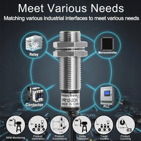 Inductive Proximity Sensor Switch M12 Cylindrical 2mm Sensing, DC 12 To 24V, 3-Wire NPN Normally Open, PR12-2DN, Shielded Flush Mount, CE Certified Industrial Grade Sensor, metal threaded sensor with PLC and relay use