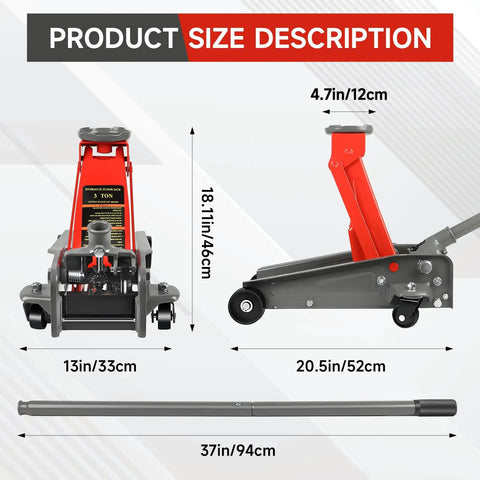 Heavy Duty 3 Ton Hydraulic Floor Jack Red 6600 Lbs Capacity Fast Lift Range From 5.31 To 18.11 Inches size dimensions with handle