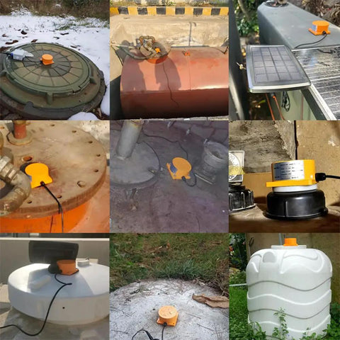 Smart WiFi Water Level Sensor For Tanks Water And Oil Tank Level Monitor With Automatic Alarm Tuya Smart Life App Remote Control IP65 Waterproof Ultra Accurate Ultrasonic Range 10cm To 4m Supports Up To 10 Sensors ME201W installed on various tank types.