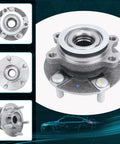 Front Wheel Bearing Hub Assembly For Nissan Rogue 2008 2013 And Nissan Rogue Select 2014 Plus Sentra Two Point Five Liter Four Cylinder 2007 2012 With Five Lug And ABS Affordable Replacement Part For Easy Install Smooth Ride And Reliable Performance, close-up and side view