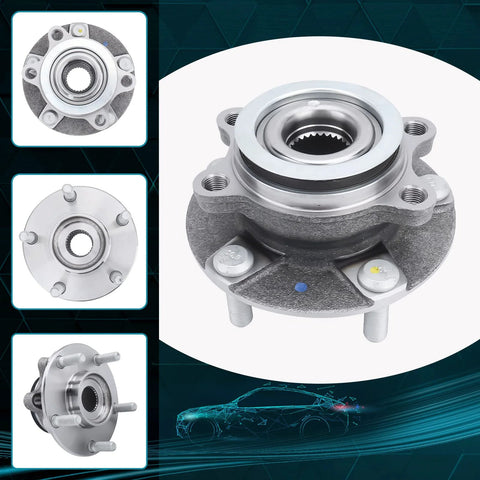 Front Wheel Bearing Hub Assembly For Nissan Rogue 2008 2013 And Nissan Rogue Select 2014 Plus Sentra Two Point Five Liter Four Cylinder 2007 2012 With Five Lug And ABS Affordable Replacement Part For Easy Install Smooth Ride And Reliable Performance, close-up and side view