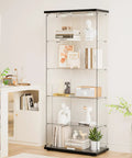 Five Shelf Glass Display Cabinet With Locking Door And Remote LED Lights 4mm Tempered Glass Floor To Ceiling Bookcase Black Finish