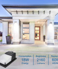 18W LED Outdoor Wall Pack Light With Dusk To Dawn Sensor illuminating a modern home facade, 2160 Lumens, 5000K Daylight, IP65 Waterproof