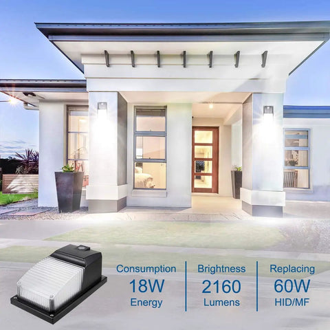 18W LED Outdoor Wall Pack Light With Dusk To Dawn Sensor illuminating a modern home facade, 2160 Lumens, 5000K Daylight, IP65 Waterproof