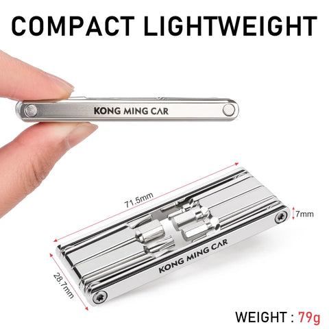 Compact 8-in-1 multitool from All In One Bicycle Repair Kit With CO2 Inflator And Cartridges, silver, size details shown.