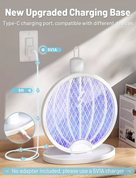 2-In-1 Mosquito Zapper Racket With 4000V Electric Grid Foldable Fly Swatter Rechargeable 1800mAh Battery Auto Zap Base And Purple Light Indoor Outdoor Bug Killer For Home Patio Backyard Camping, shown with upgraded charging base and Type-C port on a table.